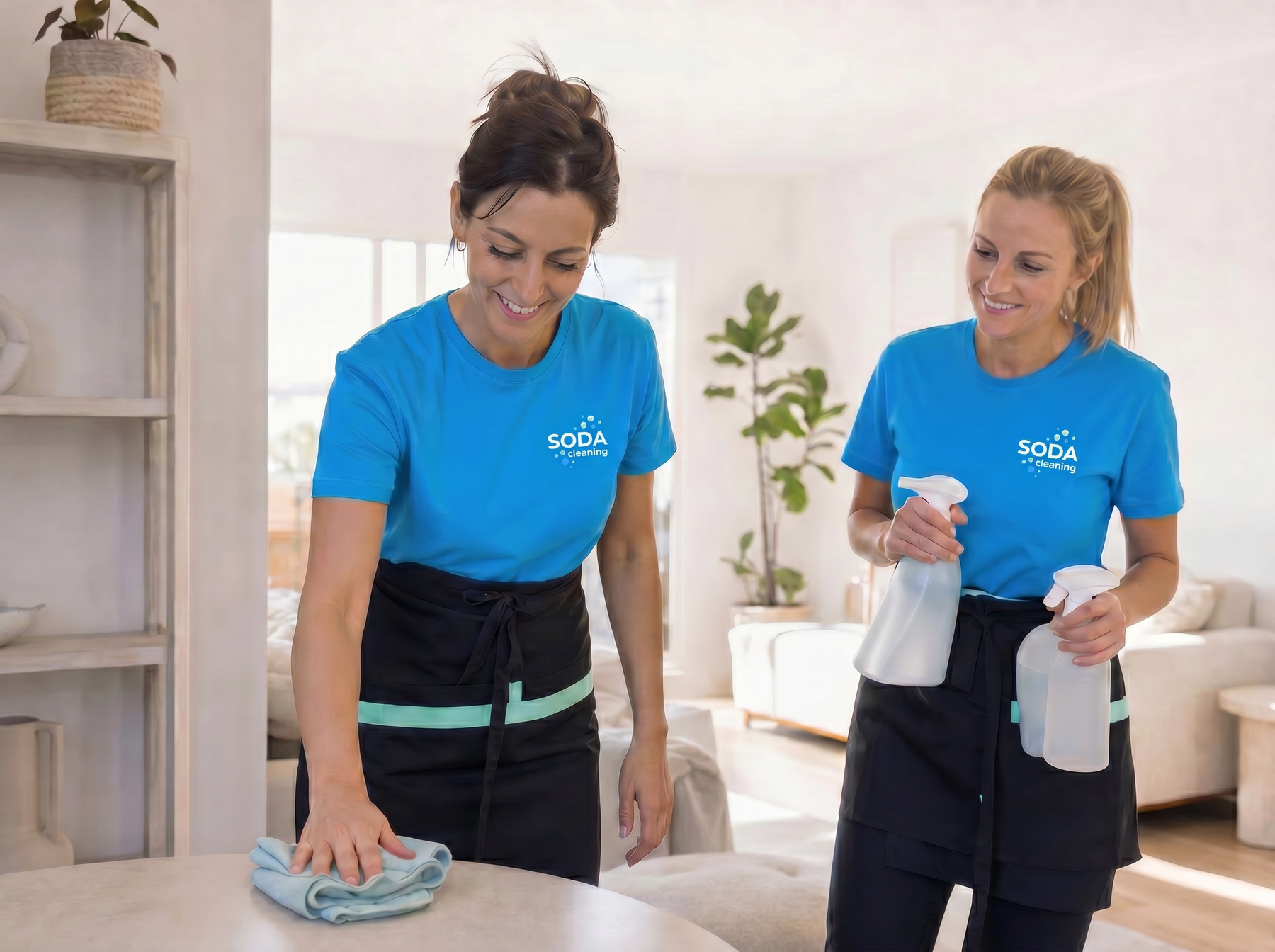 Команда клінерів SODA Cleaning прибирає світлу сучасну вітальню